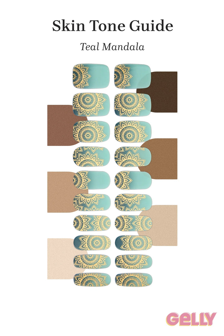 Gelly Skin Tone Guide showing a full set of Teal Mandala semi-cured gel nail wraps across light-to-deep skin tone swatches, highlighting colour tone and opacity.