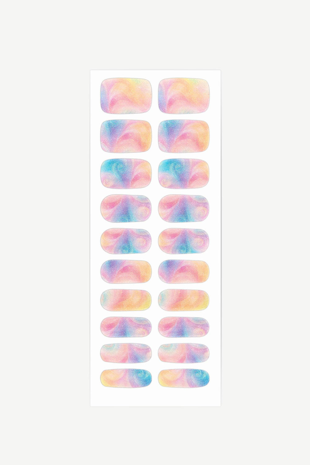 Sheet of pastel marble gel nail wraps featuring pink, blue, lilac, and peach swirls with iridescent shimmer and glossy shine.