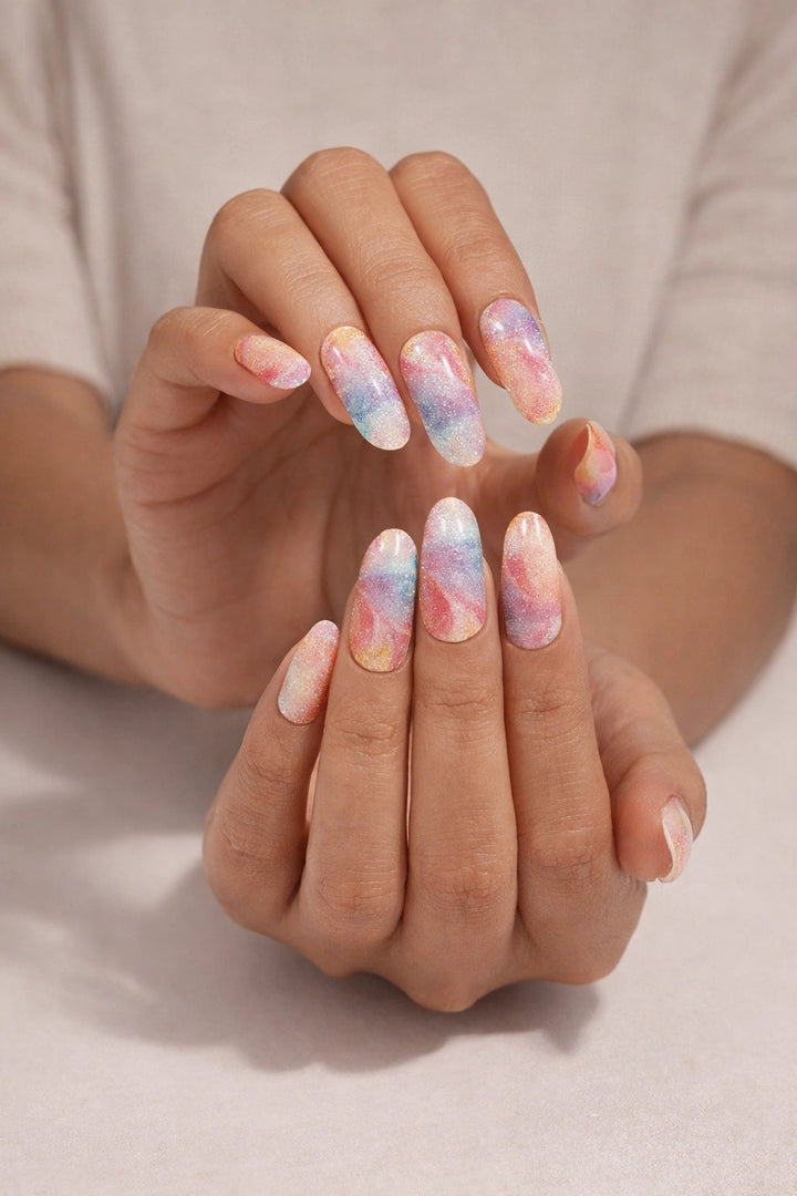 Unicorn Poop semi-cured gel nail stickers, shown on light-to-medium skin with swirling pastel pink, blue, lilac, and peach tones layered with fine shimmer and cat-eye effect, photographed under soft studio lighting against a clean neutral background.