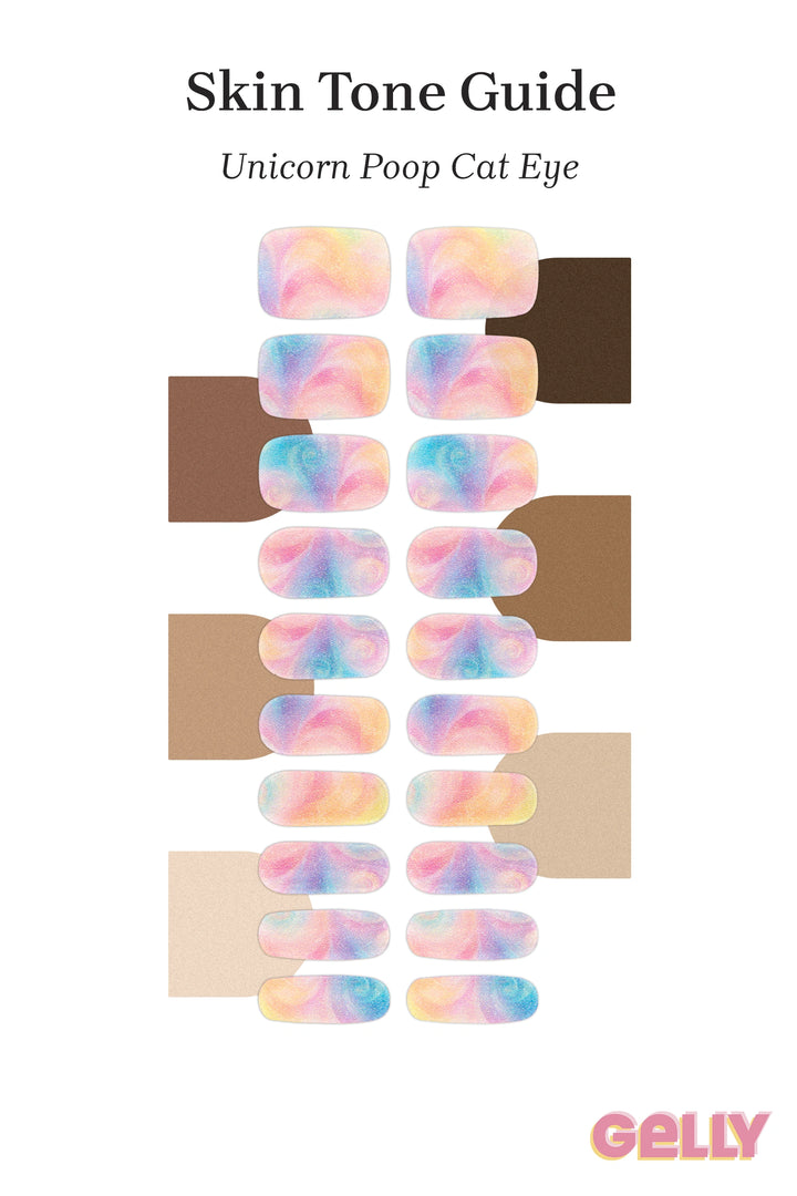 Gelly Skin Tone Guide showing a full set of Unicorn Poop semi-cured gel nail wraps across light-to-deep skin tone swatches, highlighting colour tone and opacity.