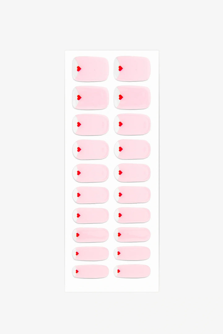 Full sheet of Valentine Pink semi-cured gel nail stickers displaying various sizes on a white background.