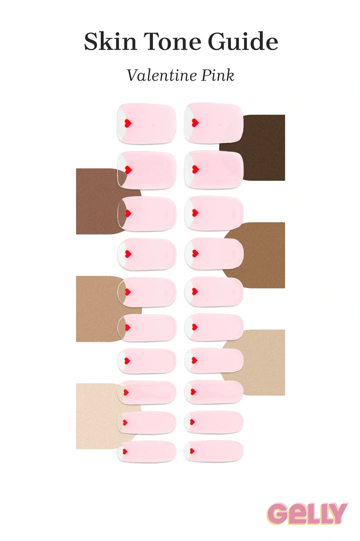 Gelly Skin Tone Guide showing a full set of Valentine Pink semi-cured gel nail wraps across light-to-deep skin tone swatches, highlighting colour tone and opacity.