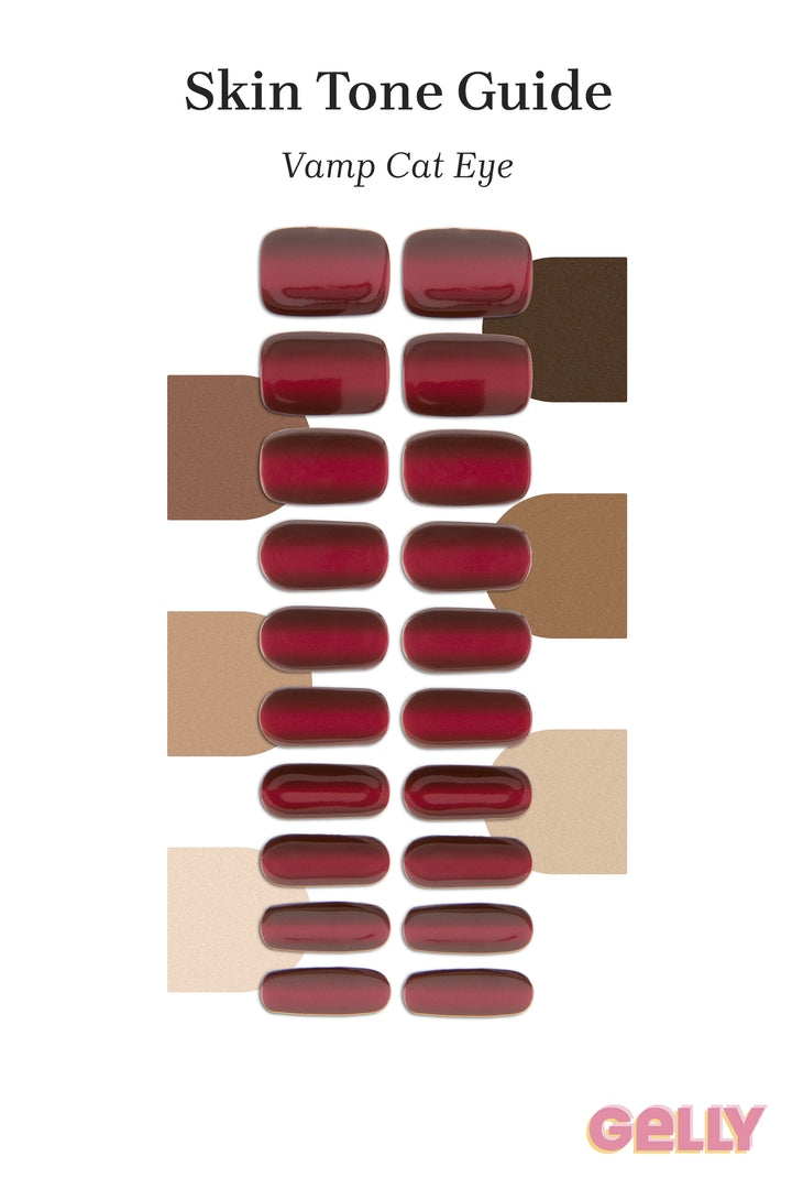 Gelly Skin Tone Guide showing a full set of Vamp Cat Eye semi-cured gel nail wraps across light-to-deep skin tone swatches, highlighting colour tone and opacity.