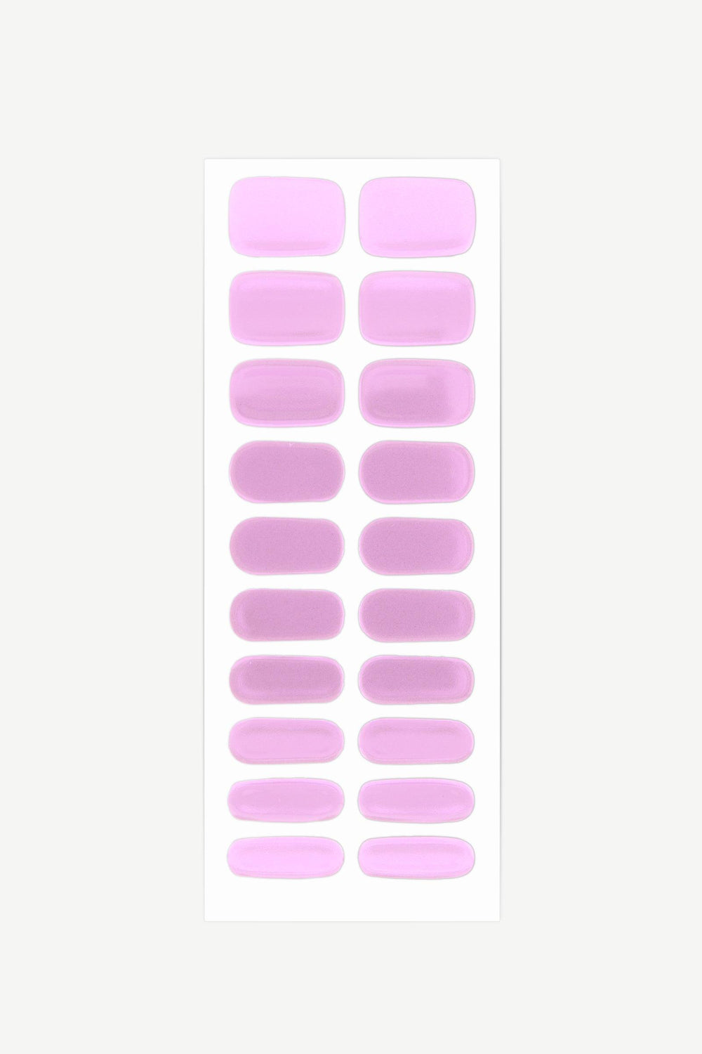 Sheet of lavender pearlescent gel nail wraps with lilac shimmer and glossy finish.