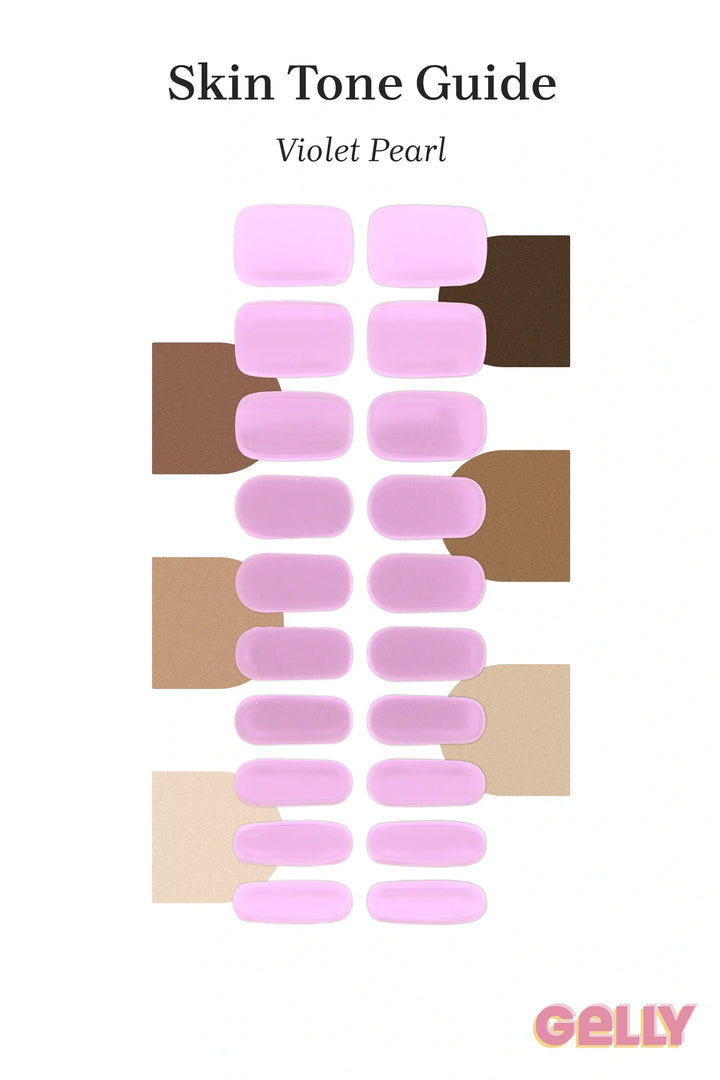 Gelly Skin Tone Guide showing a full set of Violet Pearl semi-cured gel nail wraps across light-to-deep skin tone swatches, highlighting colour tone and opacity.