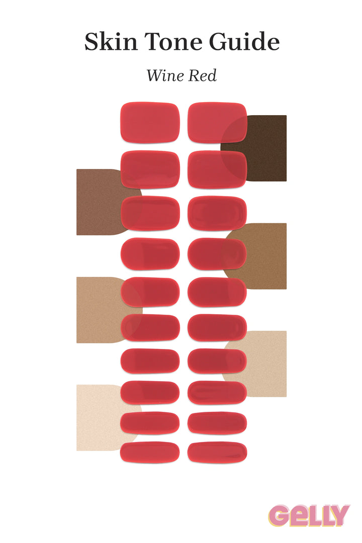 Gelly Skin Tone Guide showing a full set of Wine Red semi-cured gel nail wraps across light-to-deep skin tone swatches, highlighting colour tone and opacity.